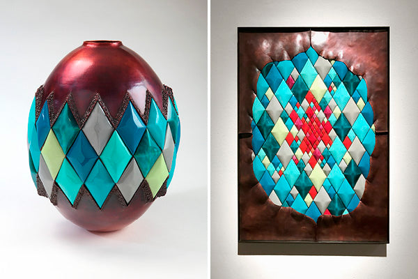 copper and colorful enamelware diamond vessel and wall sculpture handcrafted by Washington artist