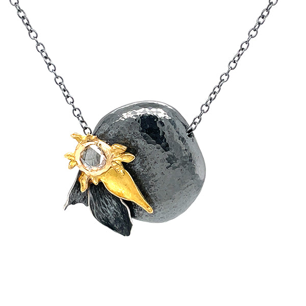 recycled silver and fair mined 14k yellow gold one of a kind necklace with 18th century antique rose cut diamond