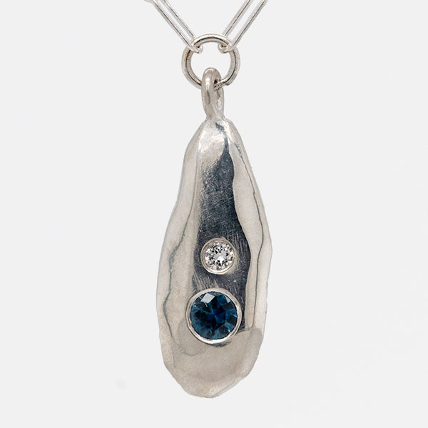 recycled diamond and fair trade blue sapphire sterling silver rock drop necklace handmade by Seattle artist, Catherine Grisez