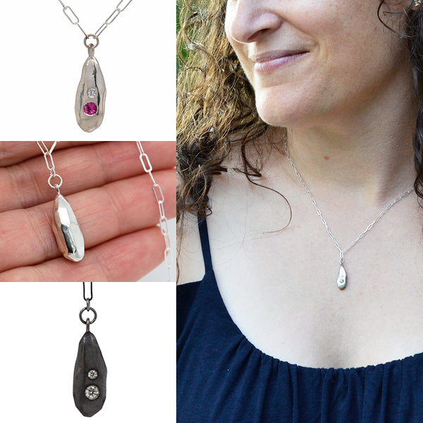 handcrafted silver, diamond, and colored gemstone or birthstone necklace. Strength rock droplet necklace handmade in Seattle with recycled silver