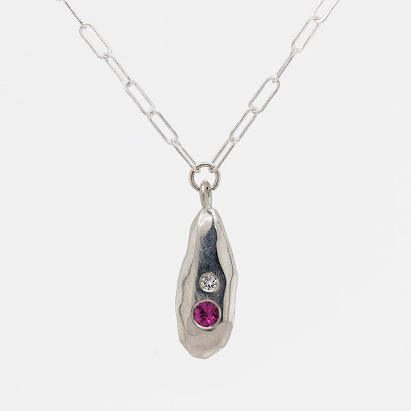 sterling silver, pink tourmaline, diamond strength rock droplet necklace, handmade by Seattle artist Catherine Grisez