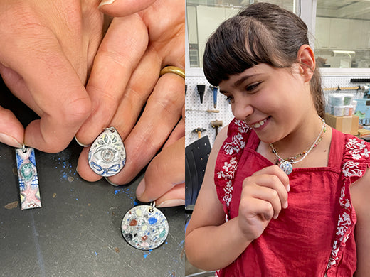 Willa (young girl) showing off pendant she made alongside 3 enameled copper pendants made by her family