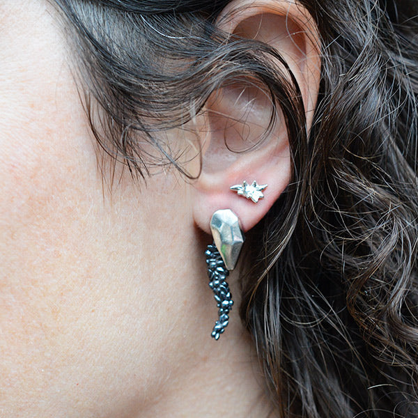 cascading flowers emerge from a silver rock, symbol of strength earrings, handcrafted in Seattle by artist Catherine Grisez