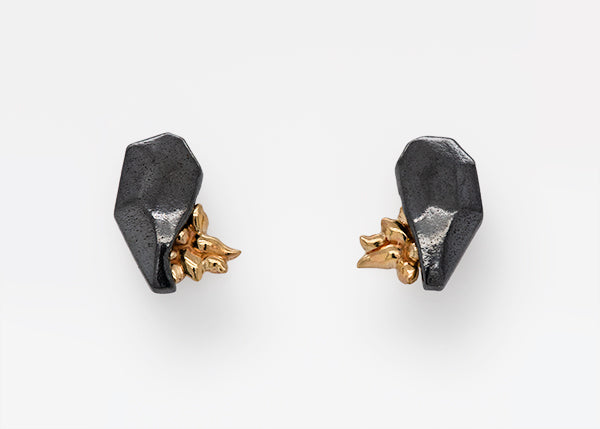 handcarved rock and succulent sterling silver and 14k yellow gold post earrings, handmade in Seattle USA