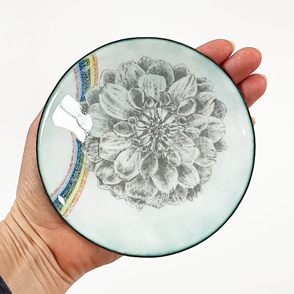dahlia flower drawn with rainbow in a copper and glass enamelware bowl, one of a kind art inspired by nature, handcrafted in Seattle USA