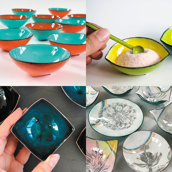 a collage of colorful copper and glass enamelware bowls, handcrafted in Seattle USA by artist Catherine Grisez
