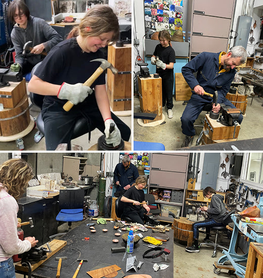 family learning to hammer copper bowls in art studio