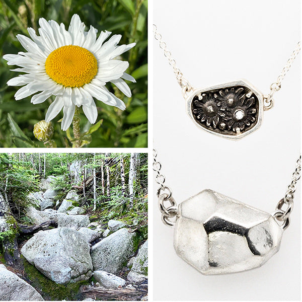 flowers and rock in nature and the silver necklace it inspired handmade in Seattle by artist Catherine Grisez with CG Sculpture and Jewelry