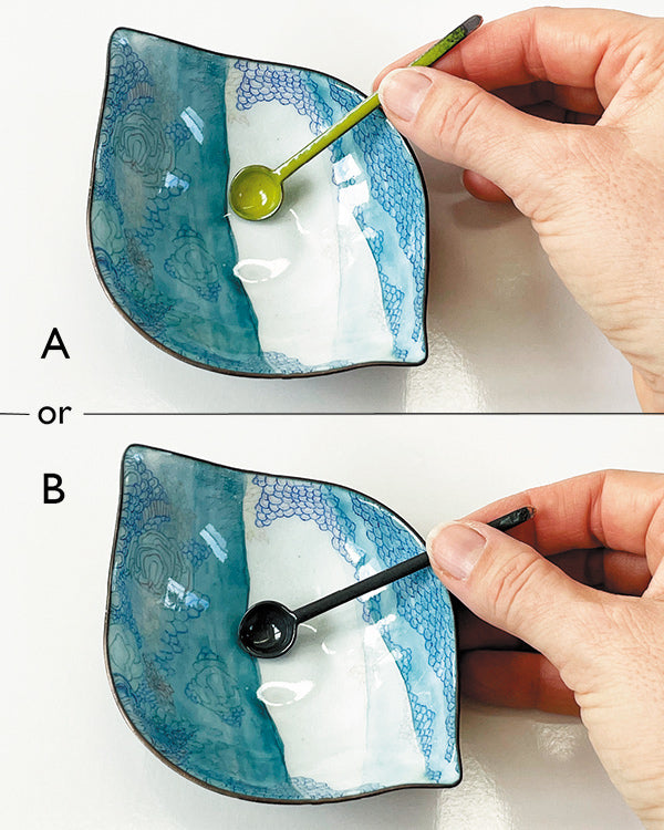 which spoon color do you like better? Chartruese or grey with the coral reef one of a kind enamelware bowl