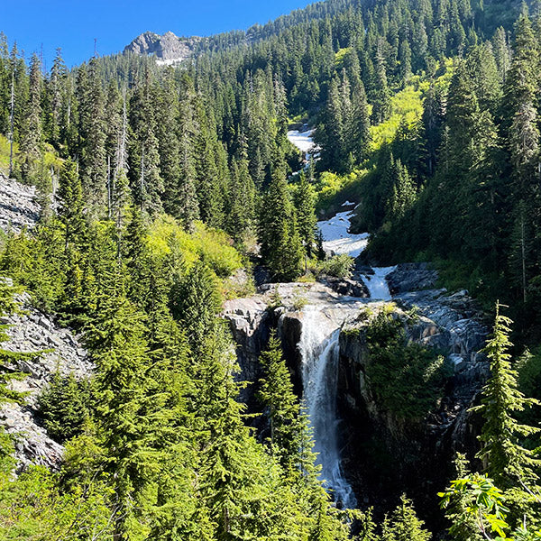 Keekwulee Falls, waterfall and evergreen mountain view from Denny Creek hike, art inspiration gathering