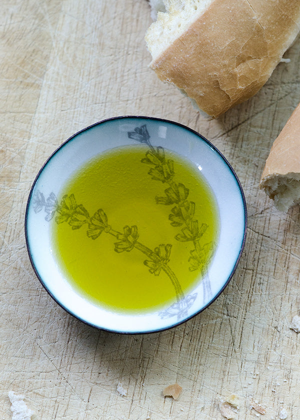 lavender enamelware bowl for olive oil dipping handmade by artist Catherine Grisez with CG Sculpture and Jewelry