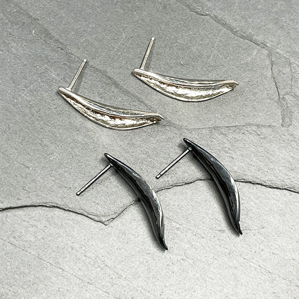 polished or darkened solid sterling silver long leaf post earrings, handcrafted in Seattle USA by artist Catherine Grisez