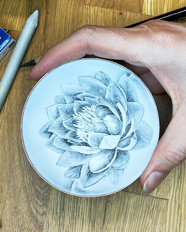 lotus flower bowl, drawn with graphite pencil before firing in kiln, handcrafted by seattle artist catherine grisez