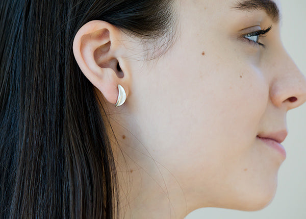 bright silver mini leaf hug earring, handcrafted jewelry made in Seattle