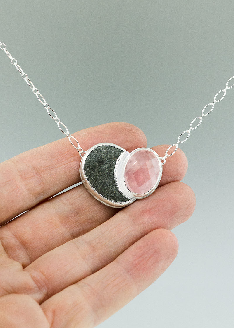 rose quartz and hand carved beach rock artist made necklace by CG jewelry