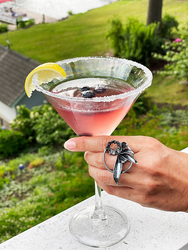 night bloom silver statement ring with blueberry cocktail 