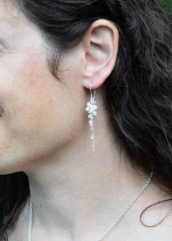 pearl and moonstone chandelier earrings are the perfect party earring, handcrafted in Seattle