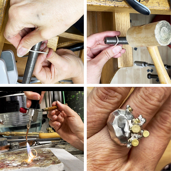hammering silver ring shank and attaching it to rock treasure ring to complete handmade recycled silver and 14k gold  statement ring by metalsmith Catherine Grisez