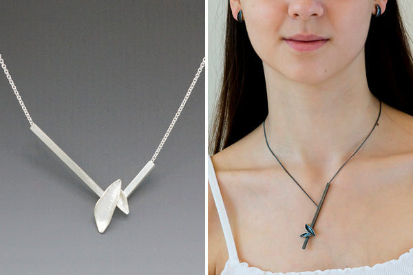 sterling silver necklaces with linear and leaf shapes in CG Jewelry collection called Resilient inspired by hike up Mt St Helens, handcrafted in Seattle