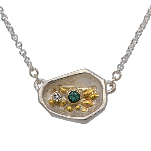 one of a kind 14k yellow gold, sterling silver, tourmaline, and diamond strength rock necklace, made to symbolize your strength derived from inner wisdom, handmade in Seattle