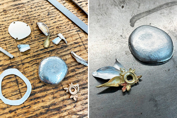silver and gold necklace parts being combined to make one of a kind jewelry