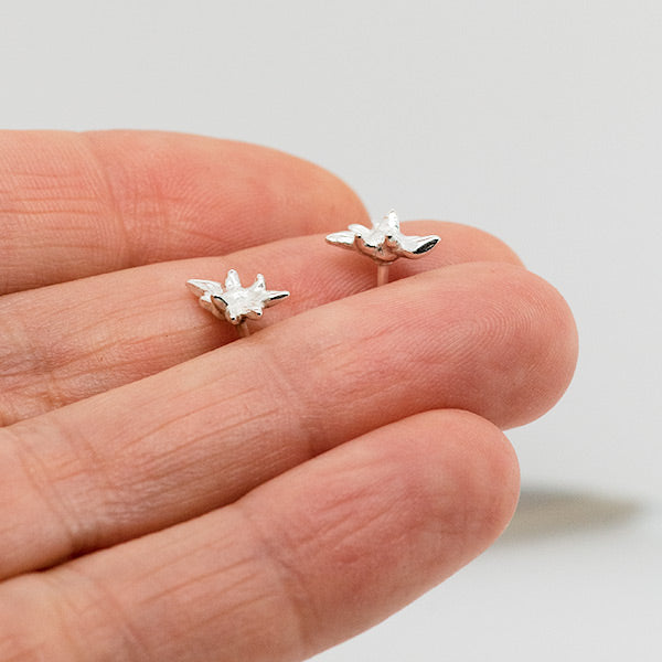 silver succulent stud earring, tiny flower hand carved by artist Catherine Grisez