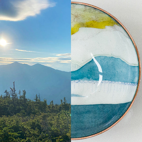 sunset over mountains paired with one of a kind enamelware copper bowl that it inspired, handcrafted in Seattle