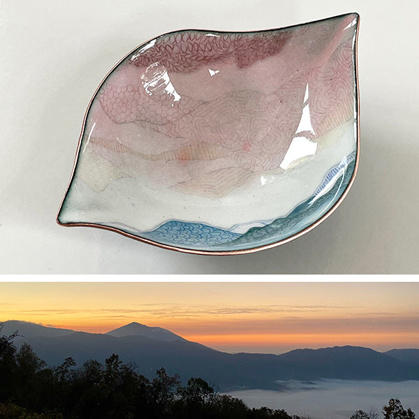 handmade enamelware copper and glass bowl made in Seattle paired with sunset picture over mountains that inspired the drawing