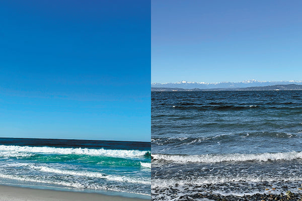 Carmel CA ocean vs Seattle Puget Sound, water inspiration photos and color comparison
