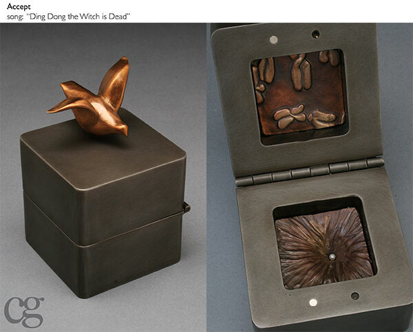 Accept steel and bronze music box sculpture