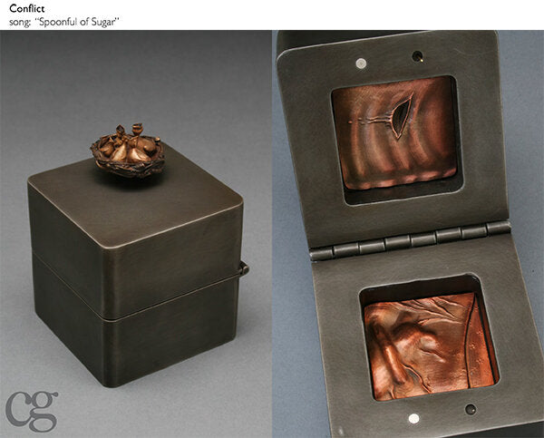 bronze bird nest and steel and copper music box sculpture about comfort and wounds
