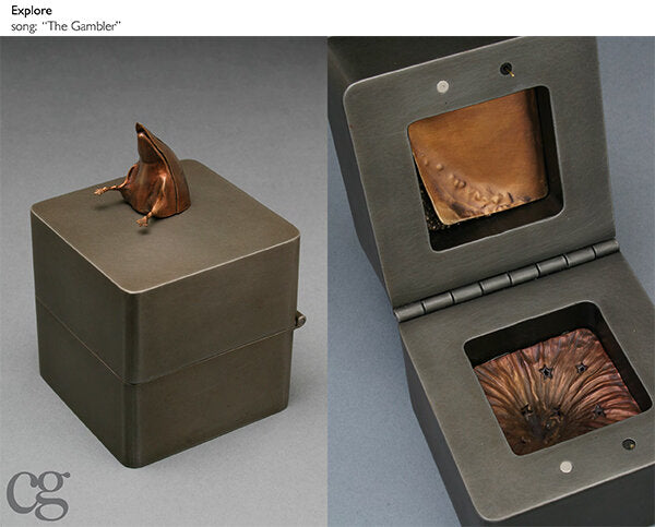 bronze duck butt on steel and copper music box sculpture about exploration