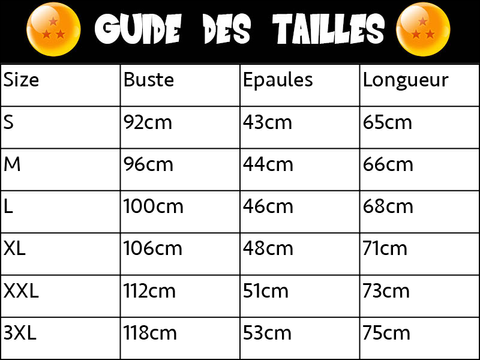 Guide des tailles T-Shirt Dragon Ball Z Fusion Goku Saitama