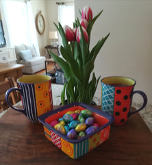 Hand made Carousel ceramics mugs and square dish. 