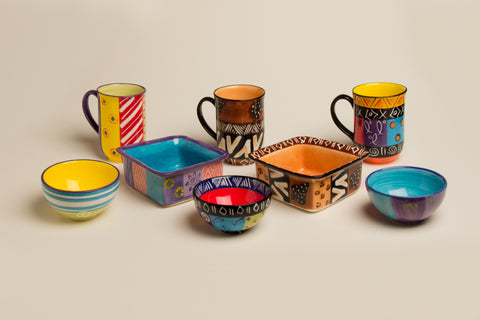 Handmade and hand painted ceramic mugs and serving dishes. Fair Trade.