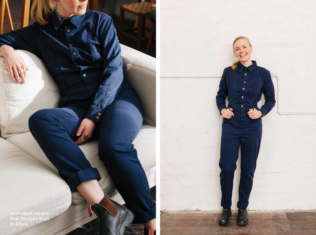 Annabel wears the Ringer Suit in blue