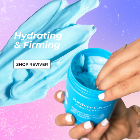 "Reviver cream in a rich blue hue, featuring a hydrating and firming formula that helps to improve skin elasticity, reduce fine lines and wrinkles, leaving skin looking plump, smooth and radiant."