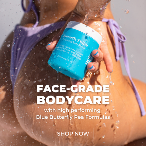 "Refreshing outdoor shower with a bottle of body skincare featuring high-performing Butterfly Pea Flower formula, known for its hydrating, nourishing, and soothing properties for healthy-looking skin."