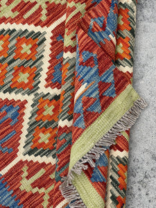 3x5 (100x160) Handmade Kilim Afghan Rug | Green Ivory Blue Orange Red  | Flat Weave Flatweave Tribal Nomadic Turkish Moroccan Outdoor