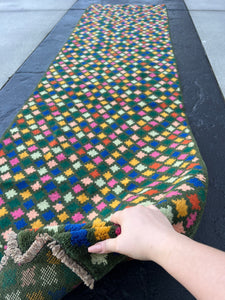 3x10 (90x305) Handmade Vintage Baluch Afghan Runner Rug | Pine Green Rose Blush Pink Turquoise Blue Mustard Hand Knotted Geometric Wool