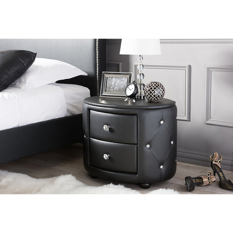 Urban Designs Davina Oval 2 Drawer Black Faux Leather Nightstand