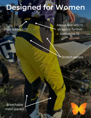 Womens dirt bike pants designed with a high-waisted fit, nine stretch panels, adjustable velcro straps, and breathable mesh panels.