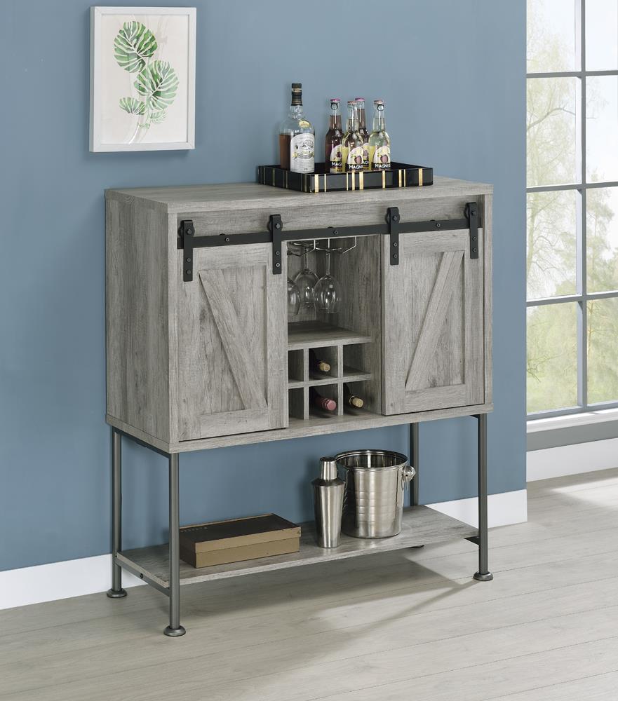 Grey Driftwood Claremont Sliding Door Bar Cabinet with a Lower Shelf