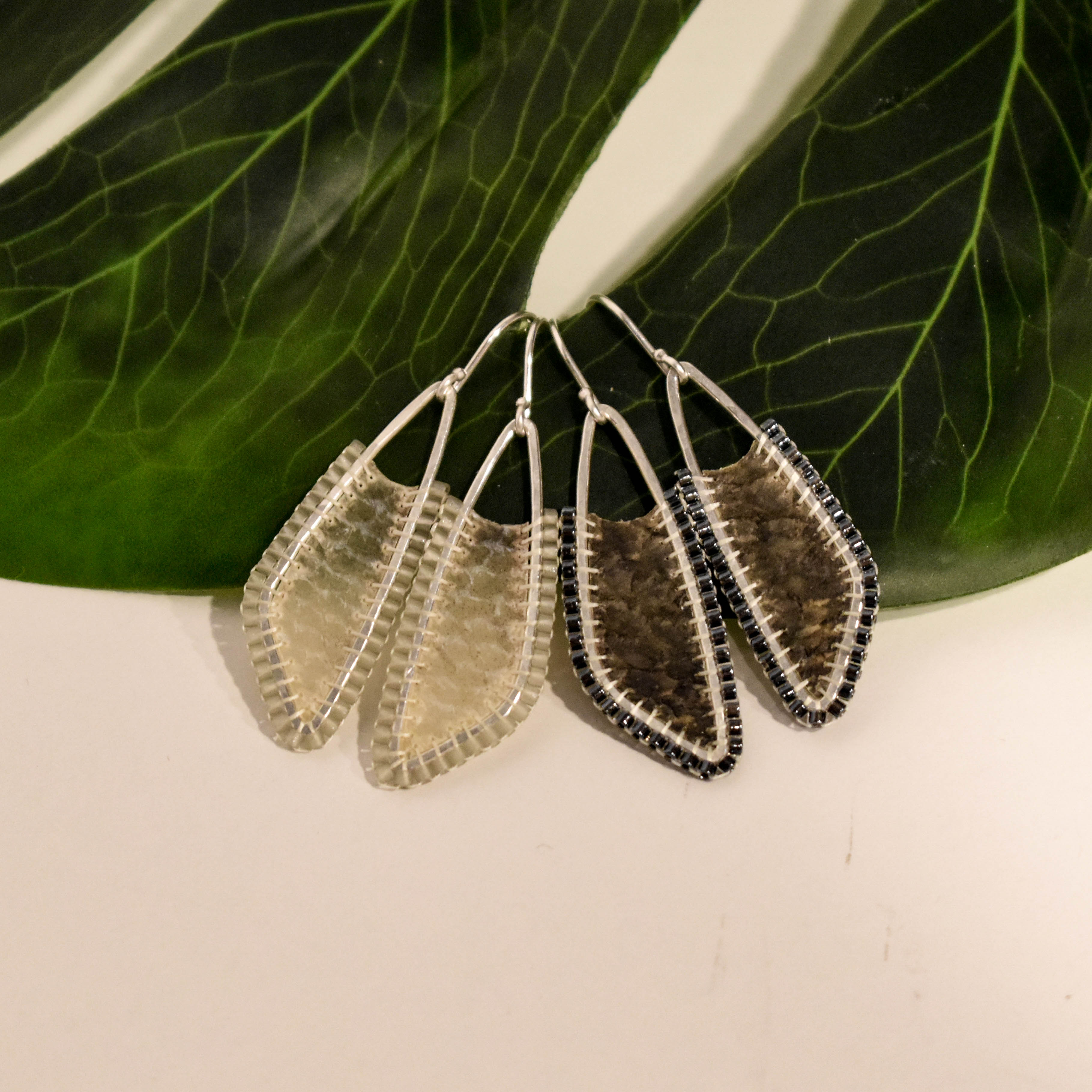 Beaded Asymmetric Petite Salmon Leather Earrings