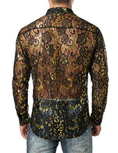 Load image into Gallery viewer, Men&#39;s See Through Flower Lace Sheer Blouse Long Sleeve Button Down Shirts Black Gold XX-Large
