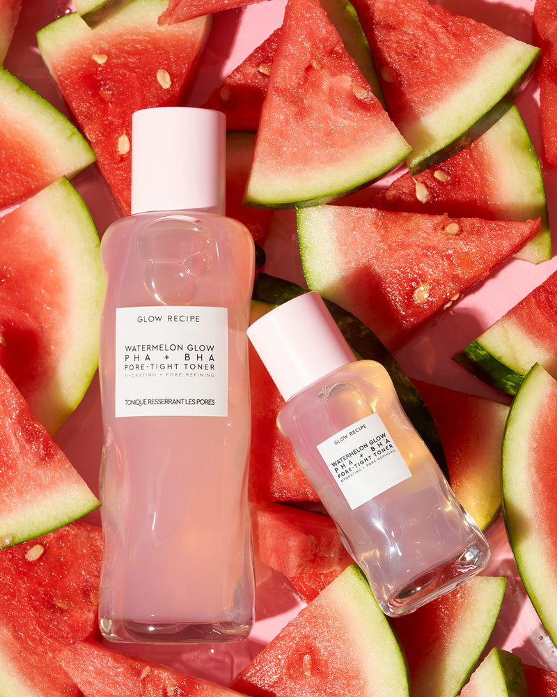 Full size and mini size watermelon glow PHA + BHA pore-tight toner on watermelon slices