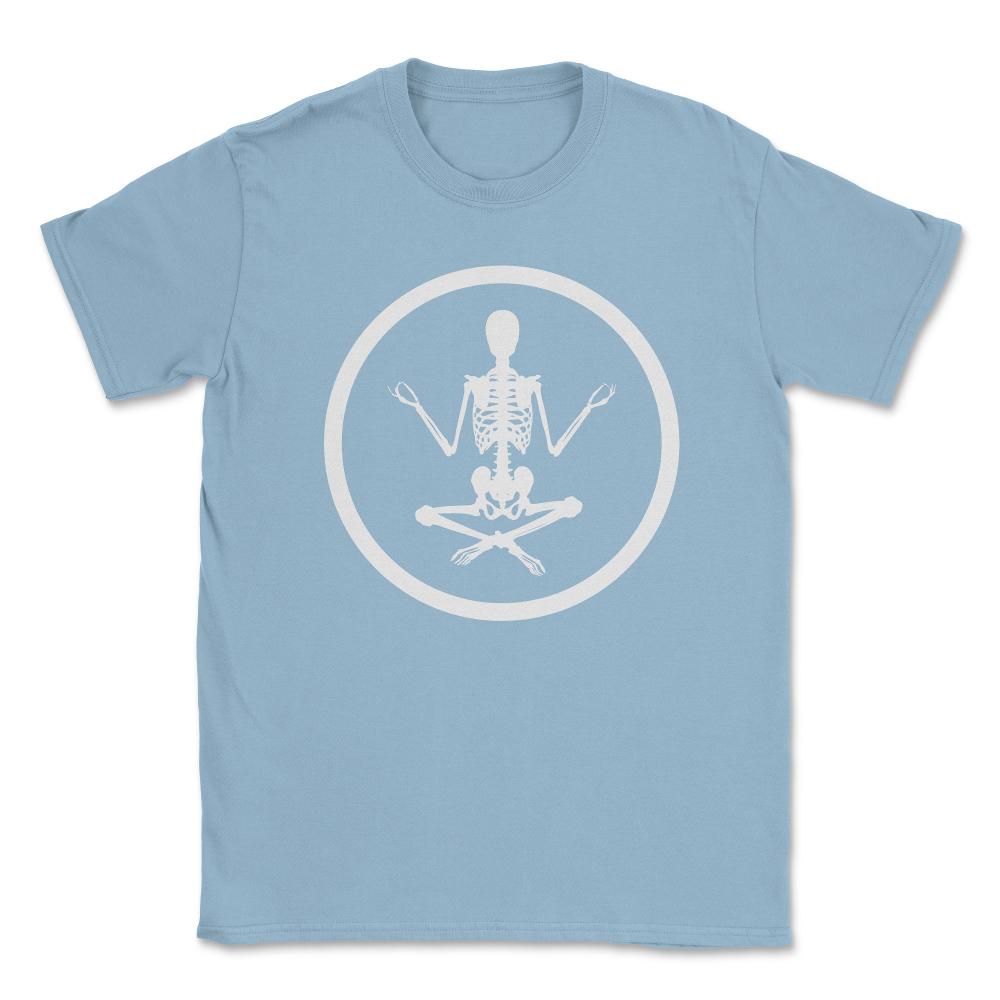 Meditating Yoga Skeleton Peace of Mind Halloween Unisex T-Shirt - Light Blue