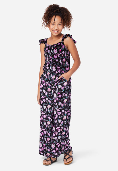 Girls Pocketed Winter Floral Print Jumpsuit