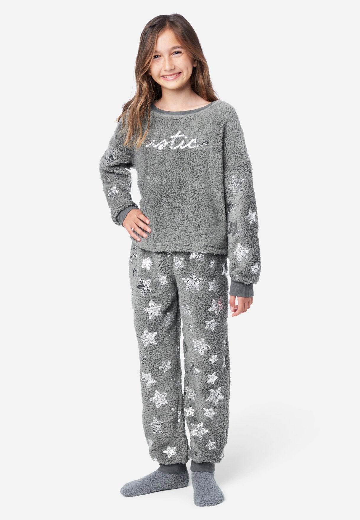 Justice Faux Sherpa Patterned Girl's Pajama Set in Slate, Size Small (7/8)