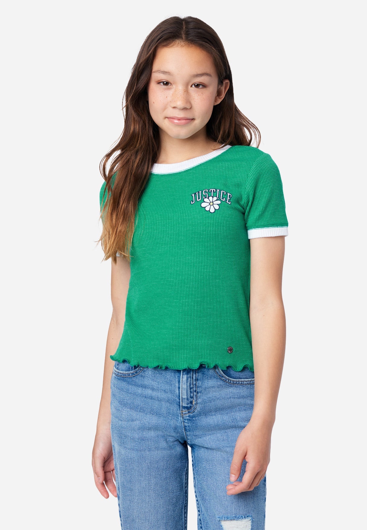 Justice Waffle Knit Perfect Girl's Tee in Calming Green, Size L Plusus (12 Plus/14 Plus)